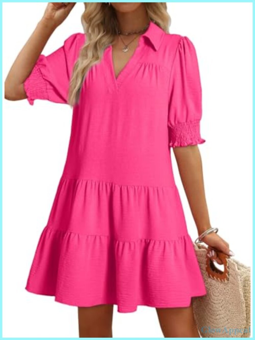 Casual Pleated A-Line Midi Dress with Lapel Collar and Short Sleeves